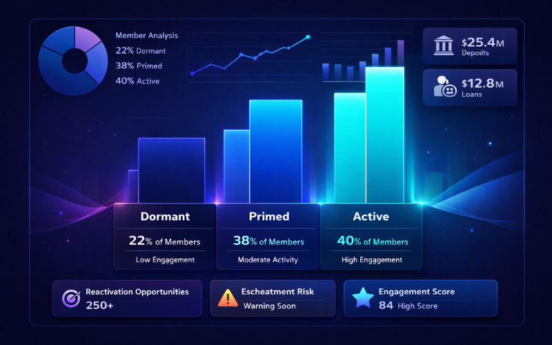 Dashboard showing dormant, primed, and active member segments in a credit union