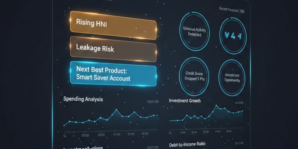 Digital banking interface displaying real-time AI-driven flags such as rising HNI and leakage risk for personalized member journeys.