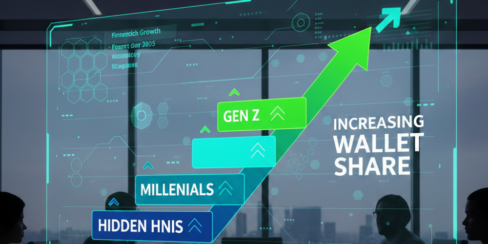 Financial growth dashboard illustrating increased wallet share among HNIs, Millennials, and Gen Z through precision segmentation.