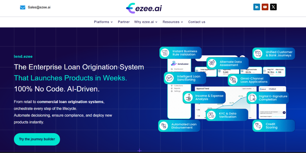AI-driven no-code loan origination systems for credit unions showing end-to-end lending journey configuration.