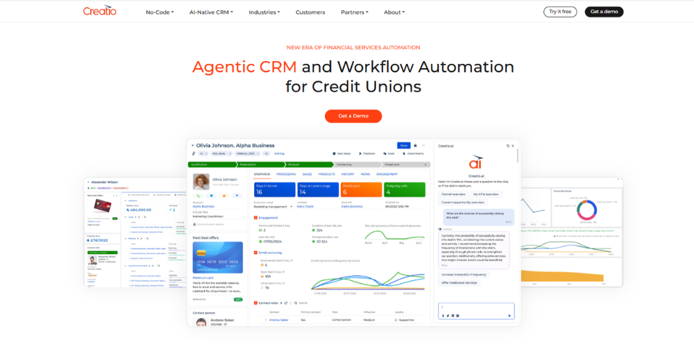 Creatio no-code financial services platform interface displaying CRM workflows and loan origination automation for credit unions