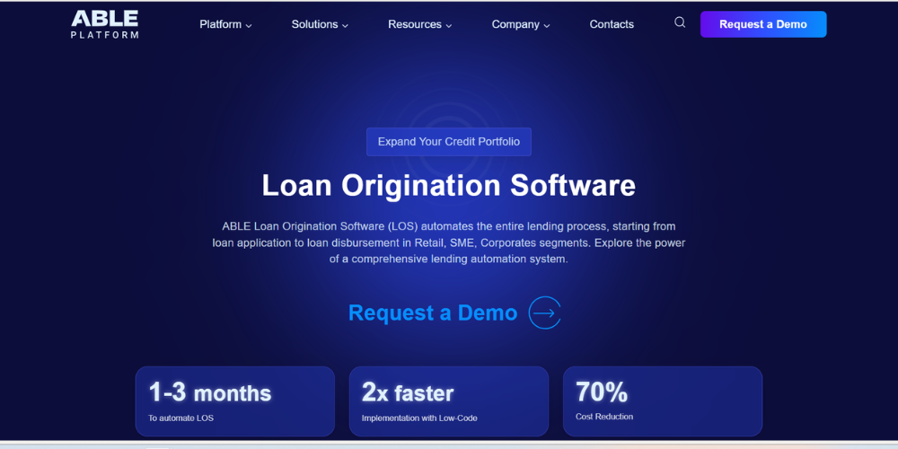 ABLE loan origination system interface showcasing customizable lending workflows and automated underwriting for financial institutions
