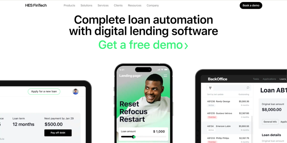 HES LoanBox no-code lending platform screen showing AI-driven loan processing and customer portal for credit unions
