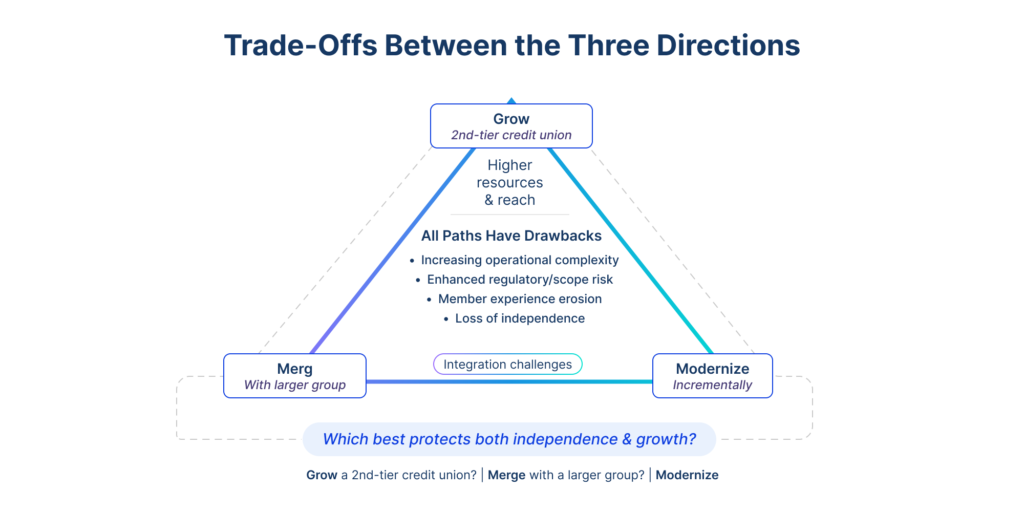 trade-offs between the three directions grow, merg, modrenize, in credit union consolidation