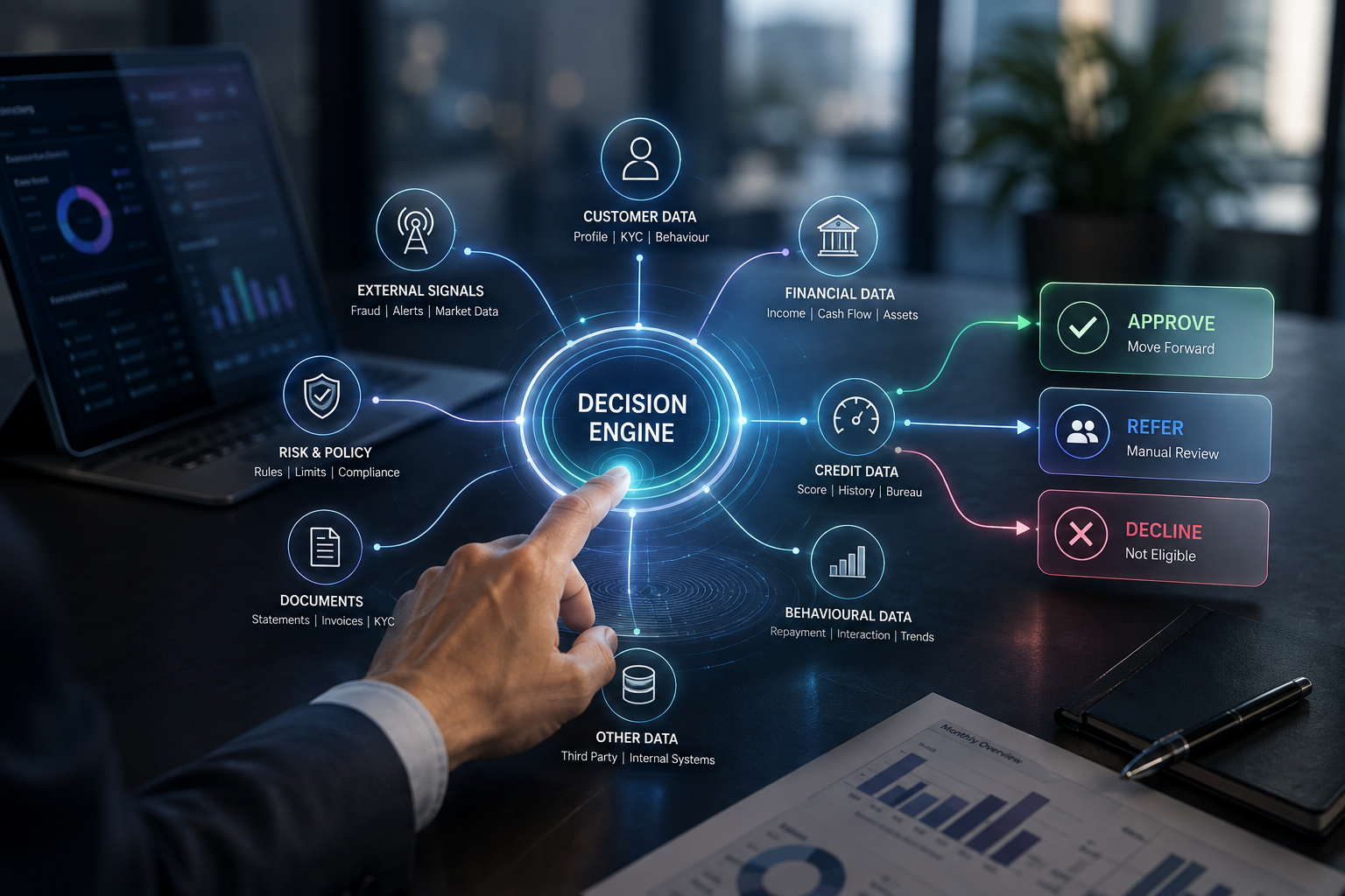 Credit Decision Engine for Smarter Lending Decisions Photorealistic credit decision engine connecting borrower data, financial information, risk signals and credit policy to lending outcomes