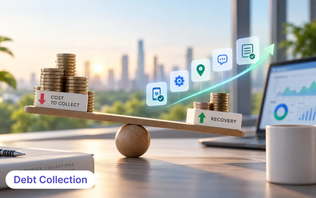 Abstract illustration showing loan collection software directing accounts through digital, agent-assisted and field recovery channels to reduce cost-to-collect.